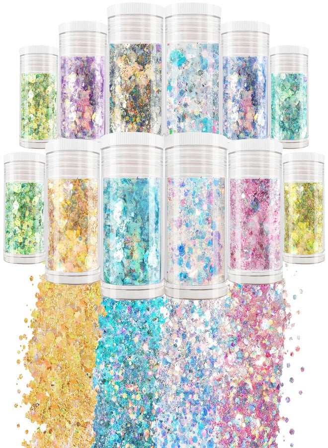 Matio Glitter Opal Chunky, Set of 12 Colors Magical, Mixed Iridescent Holographic Fine Powder 5ml Each, Bulk Nail Flakes, Mermaid Sequins for Snow Globe Cup, Supplies Art, Crafts F - Image 1