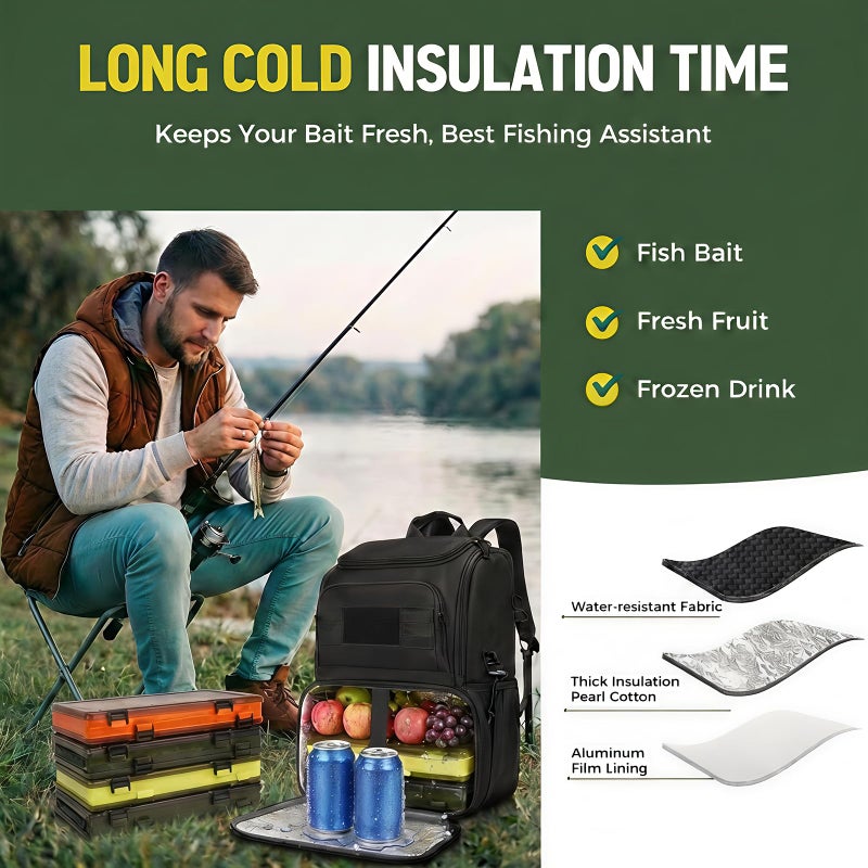 MATEIN Fishing Backpack Tackle Box, Water Resistant Tackle Backpack Boys Fishing Bags with Cooler & Rod Holders, Large Fish Organizer Box Storage Gear Accessories, Fish Gifts for Men, Black - Image 3