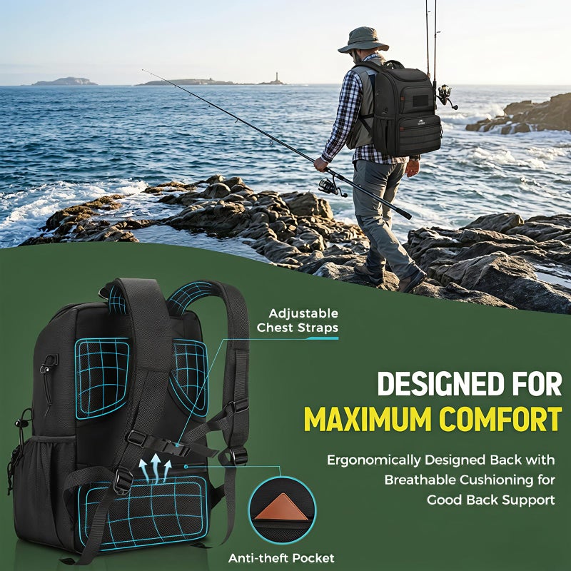 MATEIN Fishing Backpack Tackle Box, Water Resistant Tackle Backpack Boys Fishing Bags with Cooler & Rod Holders, Large Fish Organizer Box Storage Gear Accessories, Fish Gifts for Men, Black - Image 5