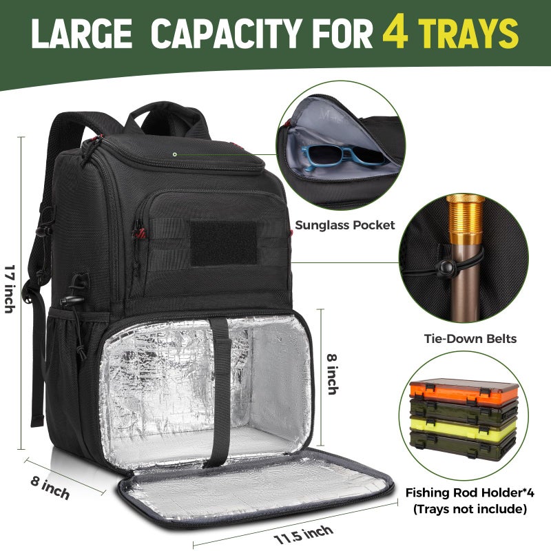 MATEIN Fishing Backpack Tackle Box, Water Resistant Tackle Backpack Boys Fishing Bags with Cooler & Rod Holders, Large Fish Organizer Box Storage Gear Accessories, Fish Gifts for Men, Black - Image 2