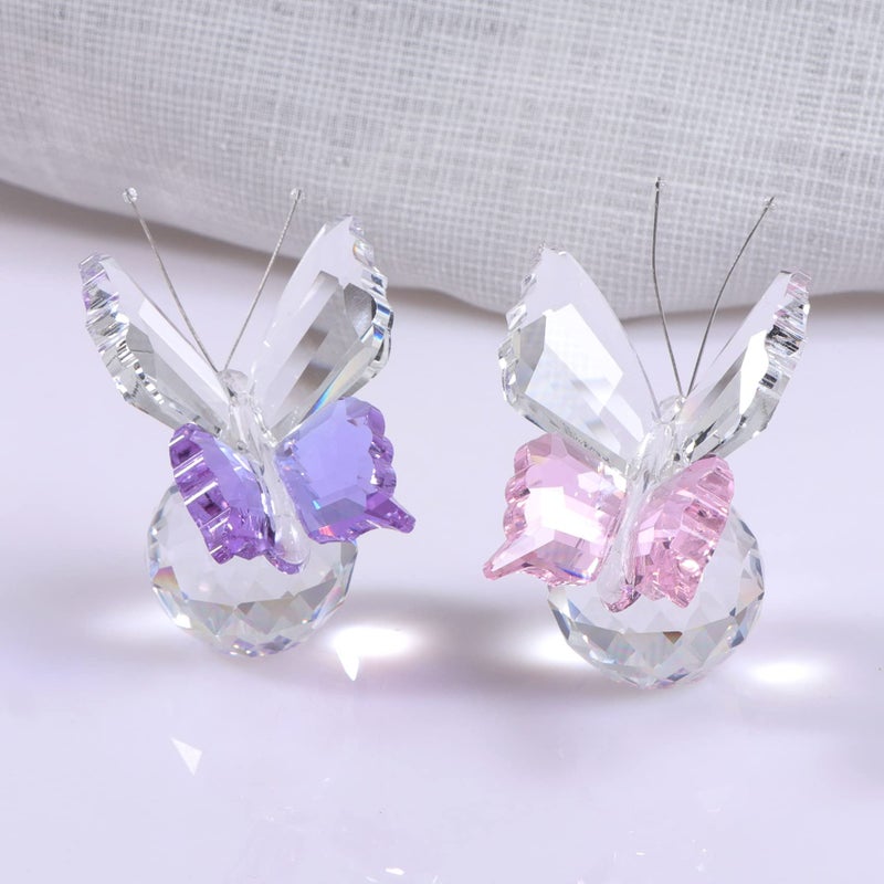 Movdyka 2 Pack of Handmade Glass Flying Butterfly Ornaments Crystal Butterfly Figurines Decorative Centerpiece for Home Souvenir Birthday Gifts for Women Pink  Purple