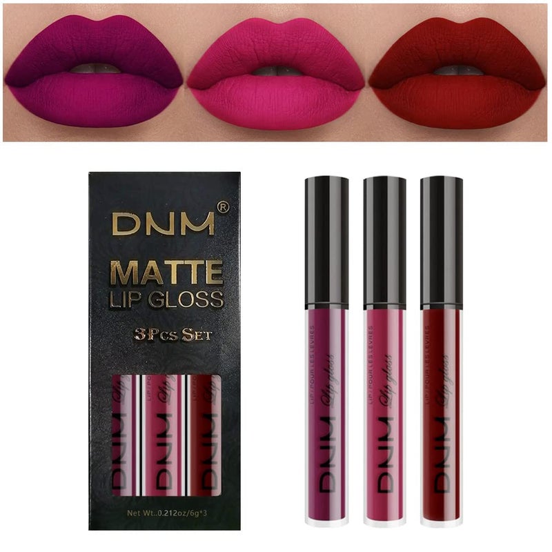 DNM 3Pcs Dark Red Purple Matte Liquid Lipstick Sets, Matte Lipstick Lip Stain Long Lasting 24 Waterproof Lip Gloss Gift Set Matt Lipsticks Set for Women Lippies (Set01) - Image 1