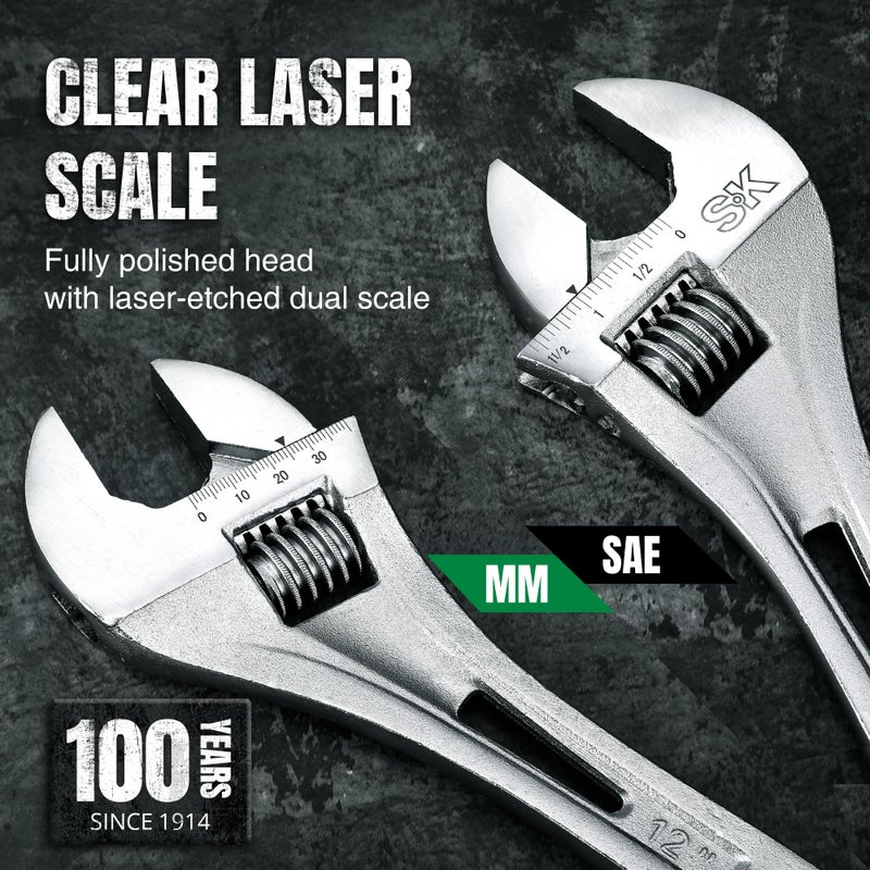 SK 2-Piece Adjustable Wrench Set, 10-Inch, 12-Inch, Cr-V Steel, SAE & Metric Scales - Image 3