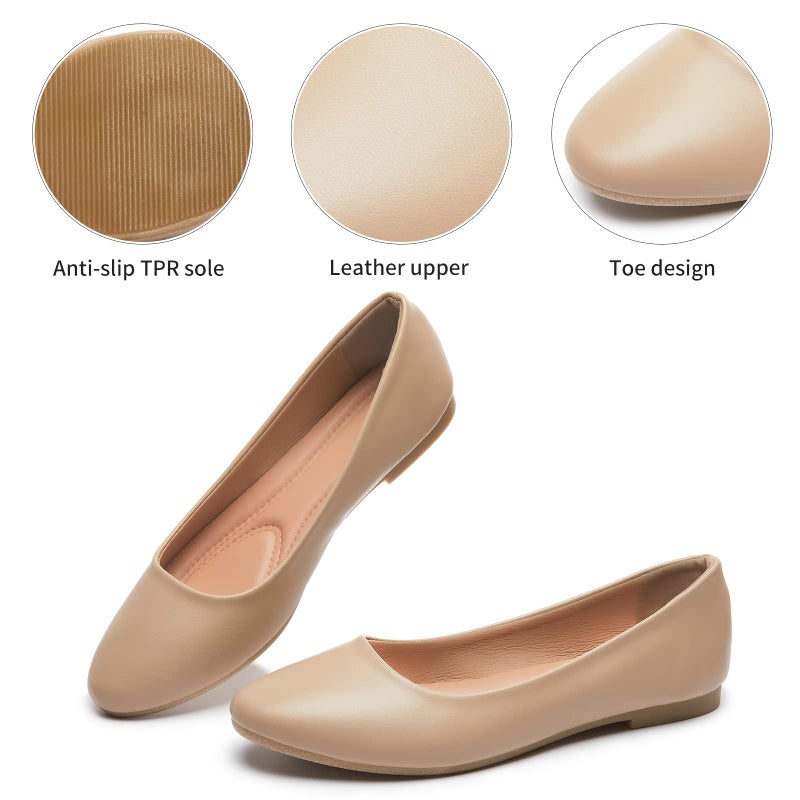 hash bubbie Women's Flats Shoes Ballet Flats Dress Shoes Comfortable PU Leather Slip on Shoes for Women(Nude .US7) - Image 4