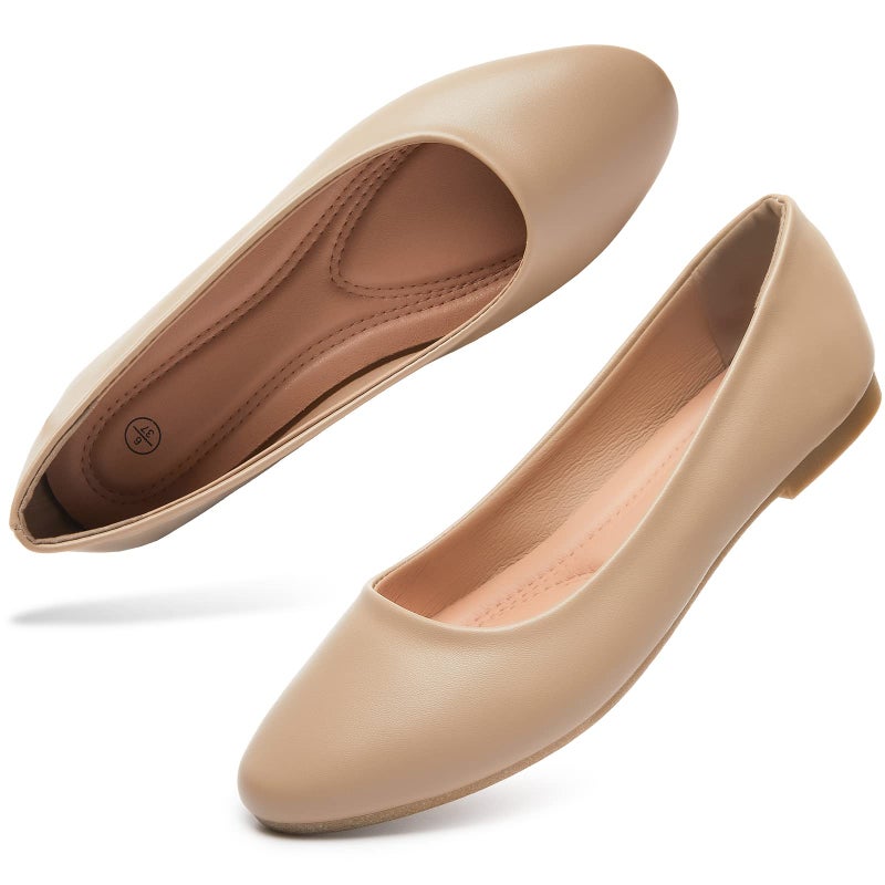 hash bubbie Women's Flats Shoes Ballet Flats Dress Shoes Comfortable PU Leather Slip on Shoes for Women(Nude .US7) - Image 1