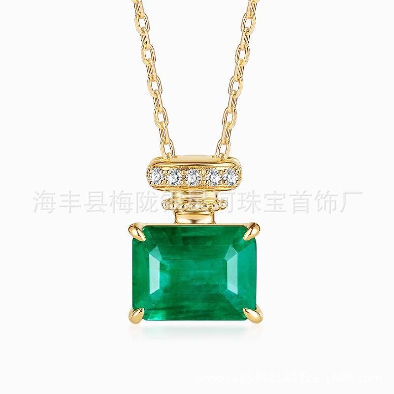 Silver Star River New S925 Sterling Silver Artificially Cultivated Aquamarine Pendant Necklace with Natural Emerald Inlay for Women