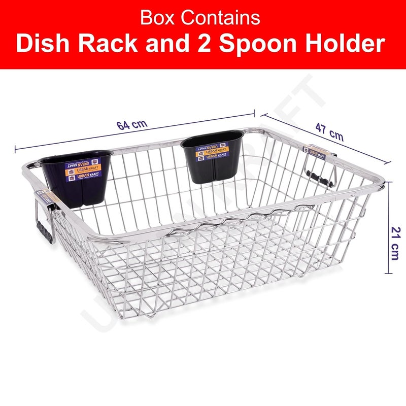URBAN KRAFT Stainless Steel 64x47x21 cm Dish Drainer with 2 Spoon Holder I Basket for Utensils After Wash I Bartan Tokri I Vessel Drainer Basket Heavy Durable Chrome Finish - Image 2