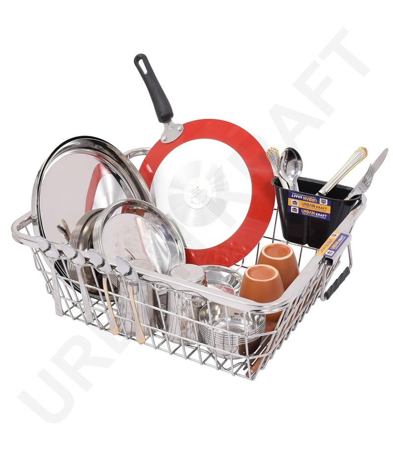 URBAN KRAFT Stainless Steel 64x47x21 cm Dish Drainer with 2 Spoon Holder I Basket for Utensils After Wash I Bartan Tokri I Vessel Drainer Basket Heavy Durable Chrome Finish - Image 4