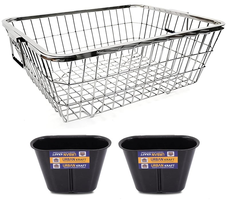 URBAN KRAFT Stainless Steel 64x47x21 cm Dish Drainer with 2 Spoon Holder I Basket for Utensils After Wash I Bartan Tokri I Vessel Drainer Basket Heavy Durable Chrome Finish - Image 1