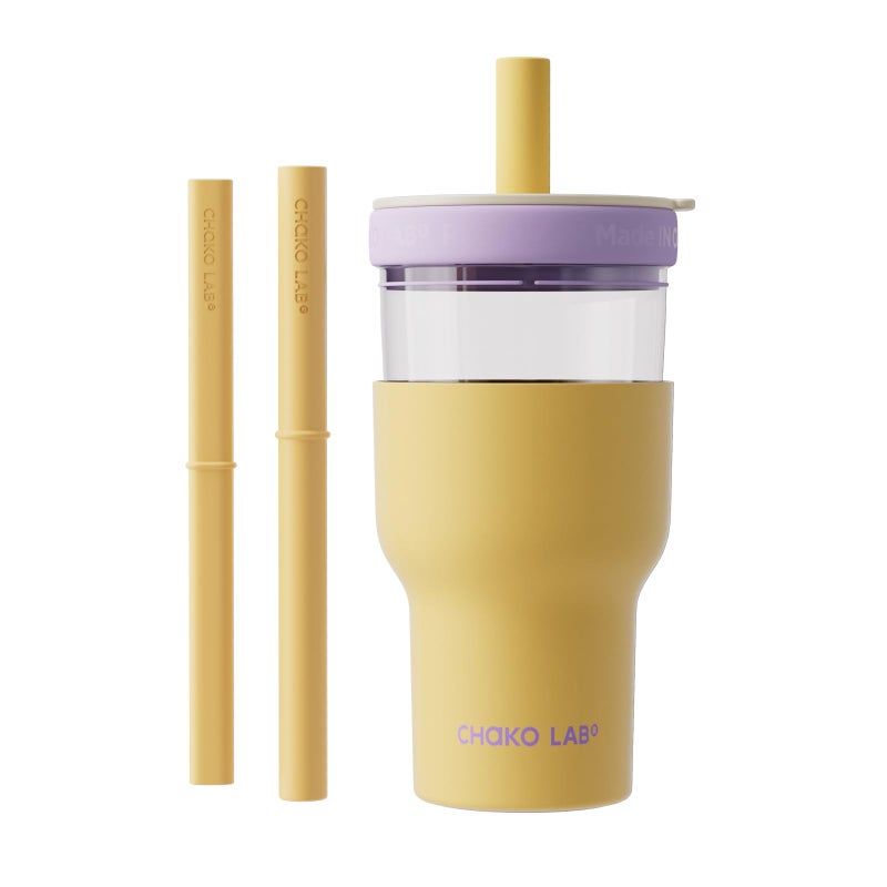 CHAKO LAB Insulated Stainless Steel Water Bottle | Dual-layer tumbler with Glass Linner and Stainsteel Linner | BPA-Free Leak Proof Thermos | 20oz Bottle with Two Straw | Yellow & Purple - Image 1
