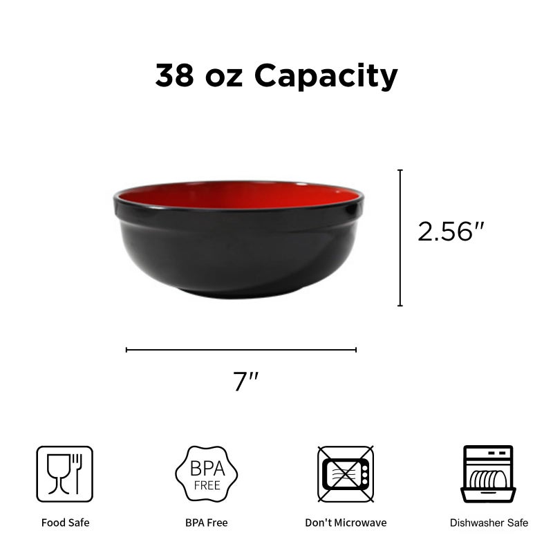 TP 38 oz Melamine Bowls Set for Ramen Pho Soup Pasta Salads, Set of 4 Large Japanese Bowls, Unbreakable Lightweight and Dishwasher Safe, Black and Red - Image 2