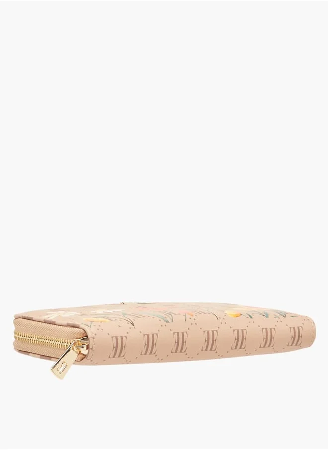 ELLE Women Monogram Floral Print Wallet with Zip Closure