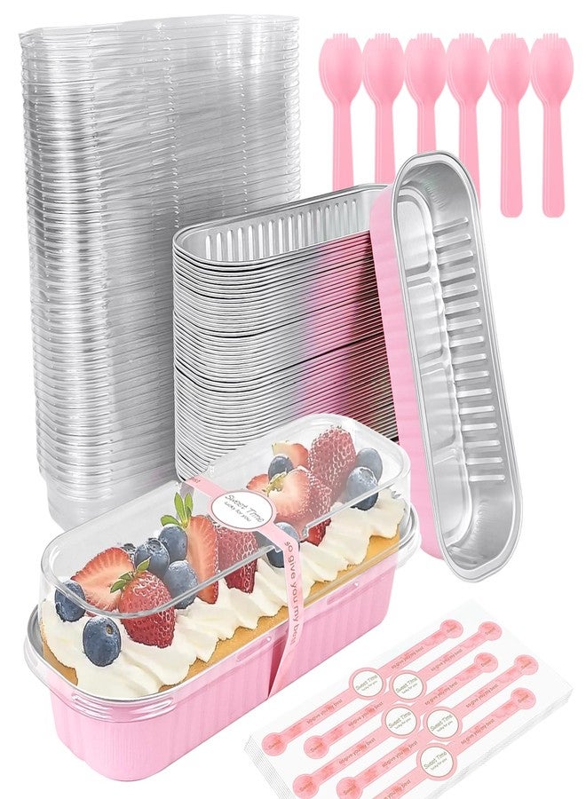 YOIYINI 60Pcs Mini Cake Pans with Lids,Pink Individual Cake Tins,Disposable Loaf Pans with Spoons and Sticker,Small Loaf Baking Pans with Lids,Rectangle Cake Loaf Pans Holders for Cheesecake - Image 1