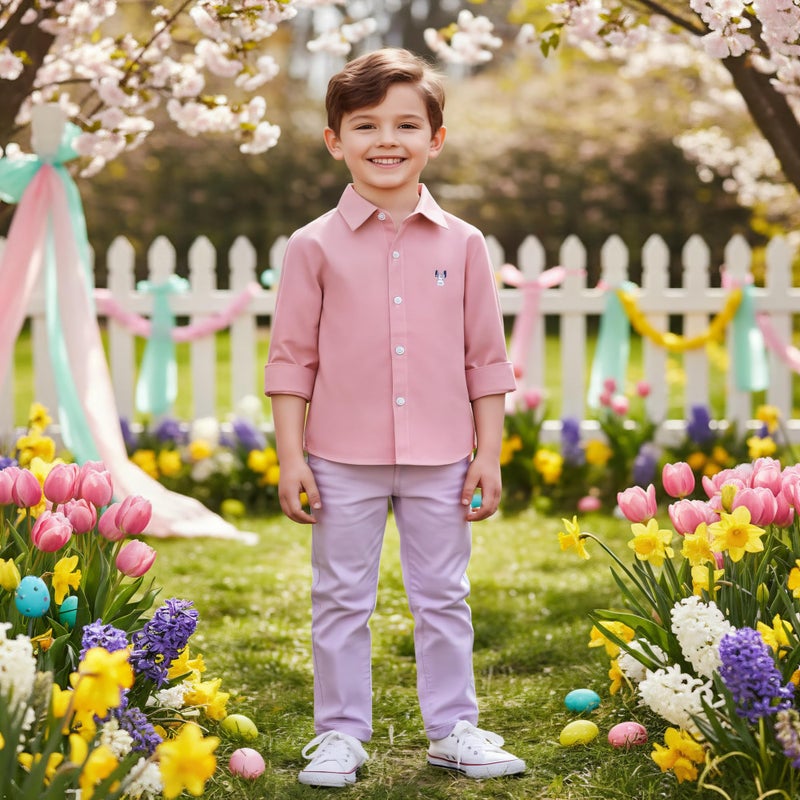 OCHENTA Toddler Boys Oxford Easter Dress Shirts Button Down Long Sleeve Kids Casual Cute Rabbit Pink 100CM - 2T - Image 3