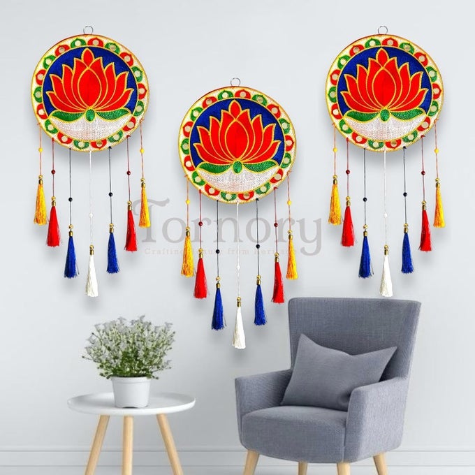 TRADITIONAL ROUND LOTUS DESIGNED WALL HANGING WITH COLORFUL LATKANSVIBRANT LOTUS MOTIF WALL DECOR WITH FABRIC AND VELVET FINISH PACK OF 3