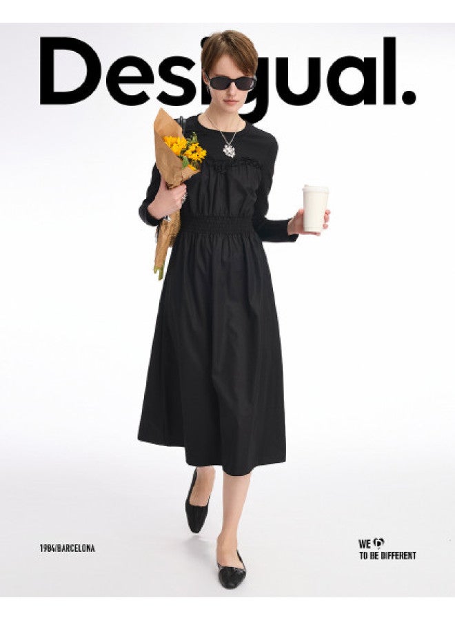 DESIGUAL slim A-line Smocked Panel Round Neck Long Dress - Image 1