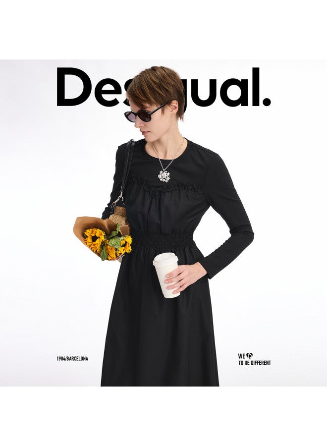 DESIGUAL slim A-line Smocked Panel Round Neck Long Dress - Image 5