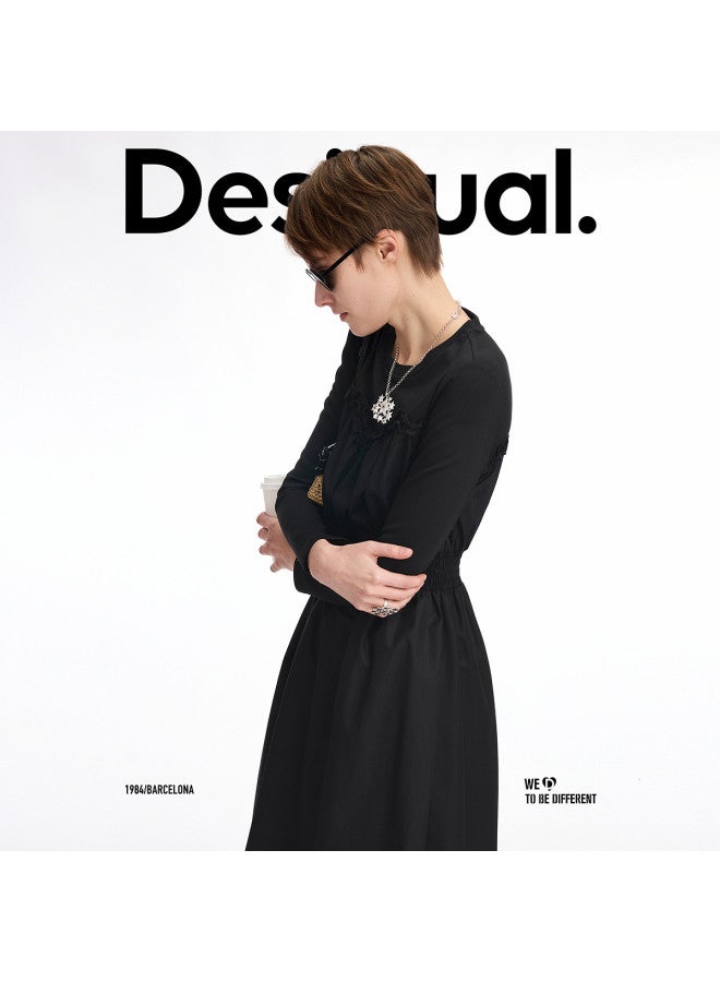 DESIGUAL slim A-line Smocked Panel Round Neck Long Dress - Image 3