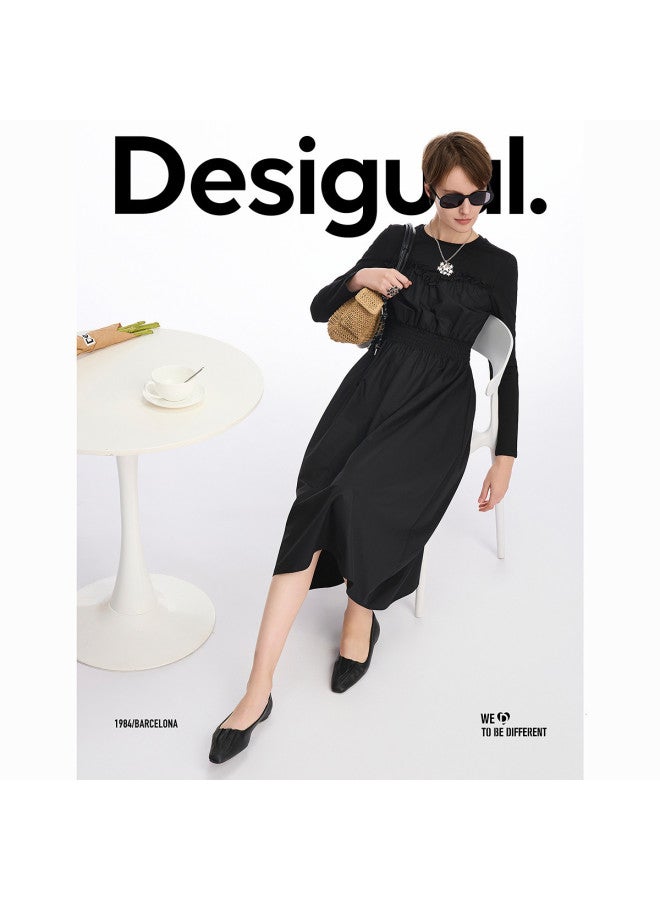 DESIGUAL slim A-line Smocked Panel Round Neck Long Dress - Image 4