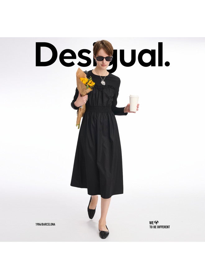 DESIGUAL slim A-line Smocked Panel Round Neck Long Dress - Image 2