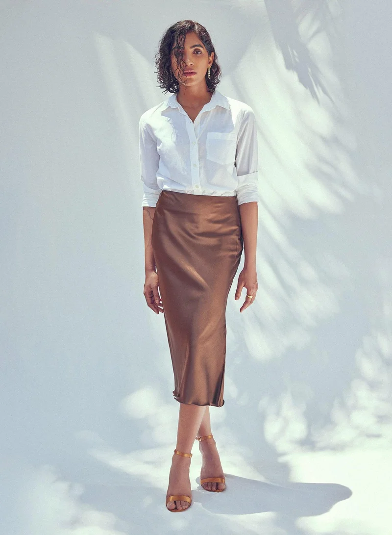 The Label Life The Label Life Women's High-Waisted Satin Midi Skirt with Slit - Cocoa, Brown