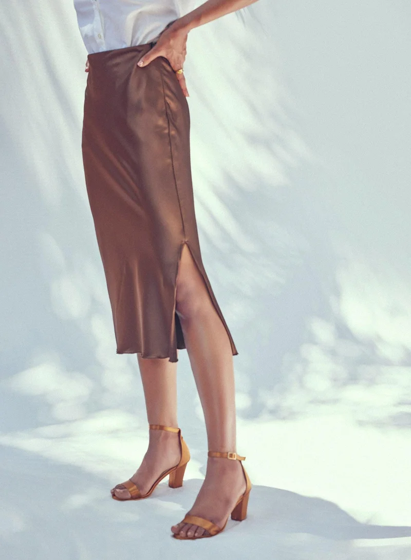 The Label Life The Label Life Women's High-Waisted Satin Midi Skirt with Slit - Cocoa, Brown