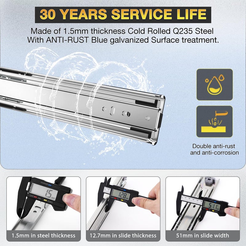 Yenuo Heavy Duty Drawer Slides Full Extension Side Mount 12 14 16 18 20 22 24 26 28 30 32 34 36 40 Inch Metal Rails Track Guide Glides Runners 150Lbs 1 Pair (Without Lock 12 Inch) - Image 4