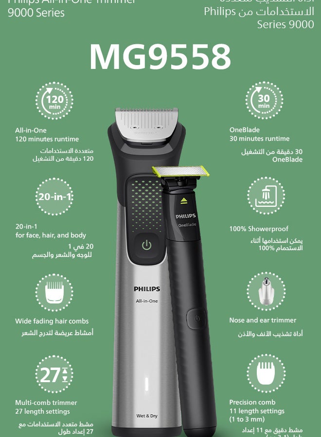 فيليبس فيليبس ماكينة عناية متعددة 20 في 1 MG9558/15 | تشذيب الوجه والشعر والجسم | شفرة OneBlade، مشط دقيق فاخر وأداة قص شعر عريضة | 120 دقيقة لاسلكيًا | مقاومة للماء | شحن USB-A | حقيبة سفر - Image 2
