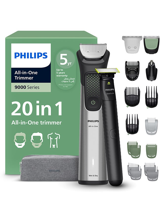فيليبس فيليبس ماكينة عناية متعددة 20 في 1 MG9558/15 | تشذيب الوجه والشعر والجسم | شفرة OneBlade، مشط دقيق فاخر وأداة قص شعر عريضة | 120 دقيقة لاسلكيًا | مقاومة للماء | شحن USB-A | حقيبة سفر - Image 1