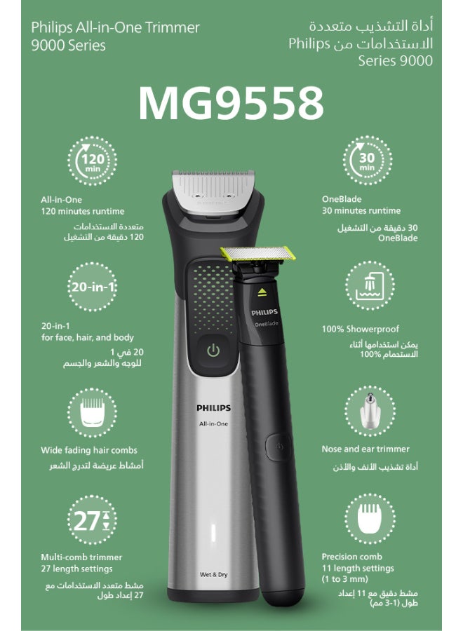 فيليبس ماكينة عناية متعددة 20 في 1 MG9558/15 | تشذيب الوجه والشعر والجسم | شفرة OneBlade، مشط دقيق فاخر وأداة قص شعر عريضة | 120 دقيقة لاسلكيًا | مقاومة للماء | شحن USB-A | حقيبة سفر - Image 2