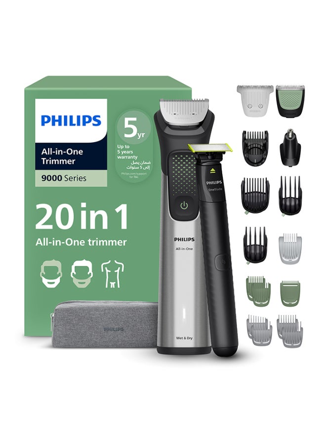 فيليبس ماكينة عناية متعددة 20 في 1 MG9558/15 | تشذيب الوجه والشعر والجسم | شفرة OneBlade، مشط دقيق فاخر وأداة قص شعر عريضة | 120 دقيقة لاسلكيًا | مقاومة للماء | شحن USB-A | حقيبة سفر - Image 1
