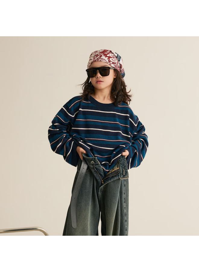 Chenchen Mom [lazy Collision] Girls' Short Colorblock Striped Sweater Autumn Double Version Crewneck Parent-child Top 8462d - Image 3
