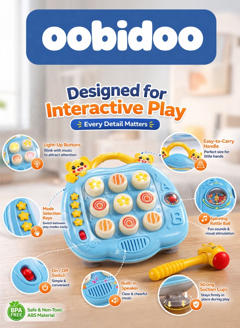 Oobidoo 2-in-1 Electronic Interactive Whack-A-Mole Game & Tic-Tac-Toe Board for Toddlers Kids, Light Up Musical Hammer Toy with Sound Effects, Educational Learning Activity Toy, Reaction Speed Training, Hand Eye Coordination, Sensory Development, Anti Slip Suction Cup Base, Safe Soft Tip Hammer, Portable Carry Handle, Blue Color - Image 3