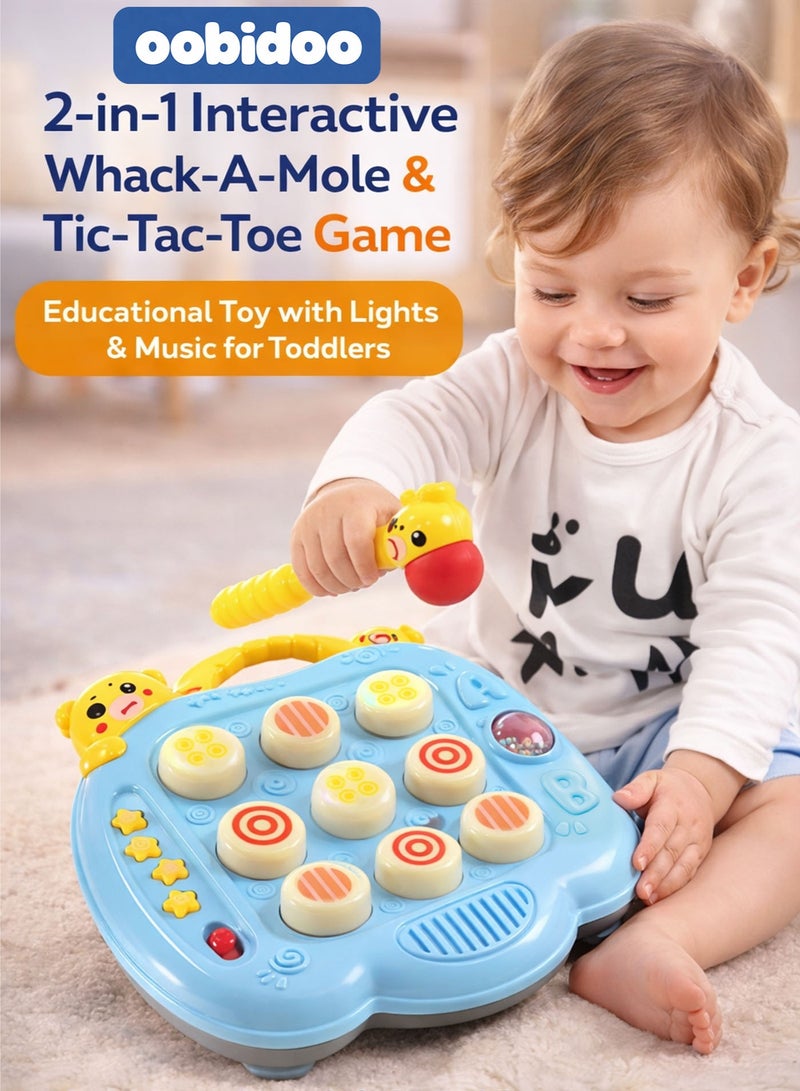 Oobidoo 2-in-1 Electronic Interactive Whack-A-Mole Game & Tic-Tac-Toe Board for Toddlers Kids, Light Up Musical Hammer Toy with Sound Effects, Educational Learning Activity Toy, Reaction Speed Training, Hand Eye Coordination, Sensory Development, Anti Slip Suction Cup Base, Safe Soft Tip Hammer, Portable Carry Handle, Blue Color - Image 1