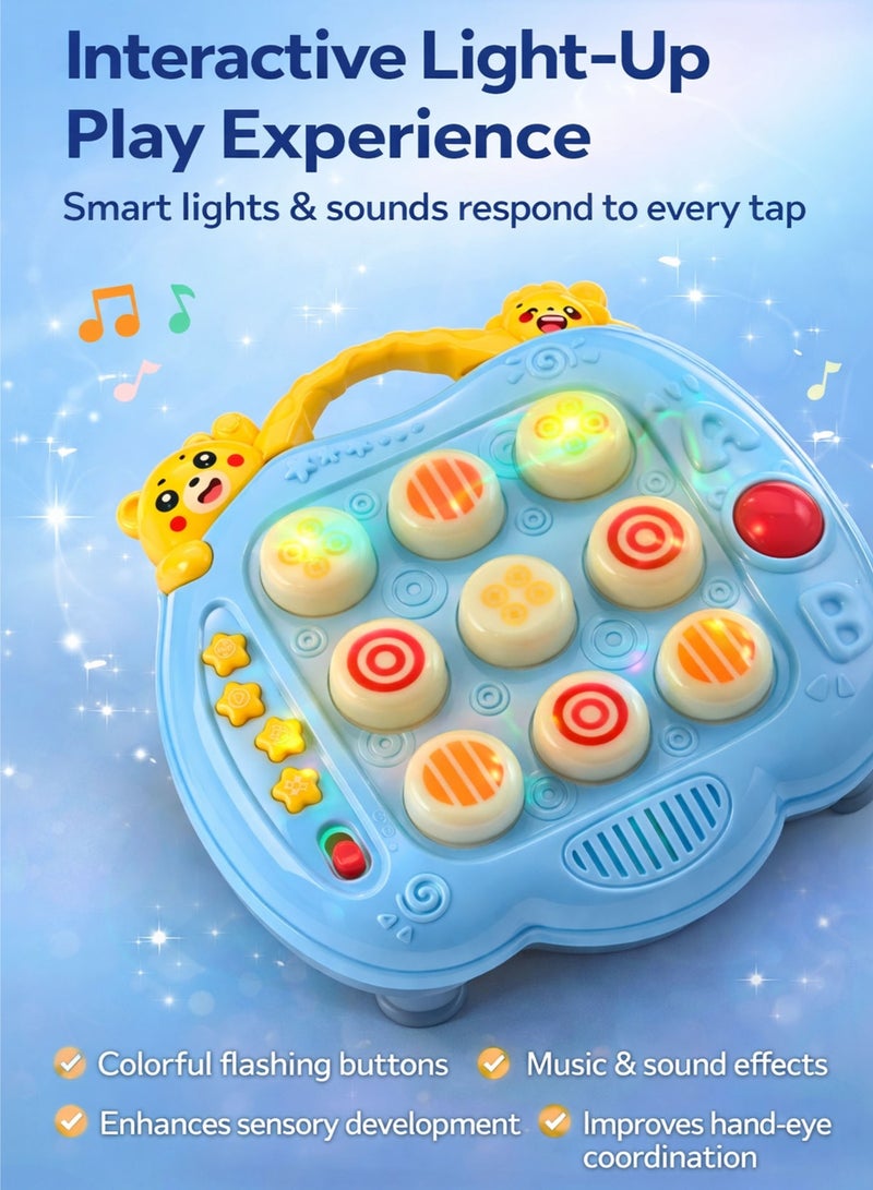 Oobidoo 2-in-1 Electronic Interactive Whack-A-Mole Game & Tic-Tac-Toe Board for Toddlers Kids, Light Up Musical Hammer Toy with Sound Effects, Educational Learning Activity Toy, Reaction Speed Training, Hand Eye Coordination, Sensory Development, Anti Slip Suction Cup Base, Safe Soft Tip Hammer, Portable Carry Handle, Blue Color - Image 4