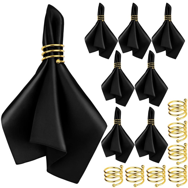 MCEAST MCEAST Satin Cloth Napkins and Napkin Rings Set of 8 Smooth Fabric Table Napkins and Napkin Holder for Wedding Birthday Dinner Party Family Gatherings Table Decor Black 17 x 17 Inches