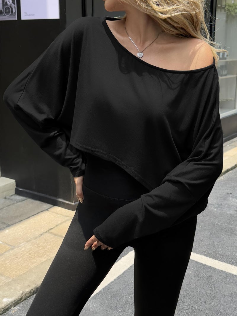 Fisoew Womens Off The Shoulder Cropped Tops Batwing Long Sleeve Loose Fit Summer Boat Neck Workout T Shirts Black - Image 2