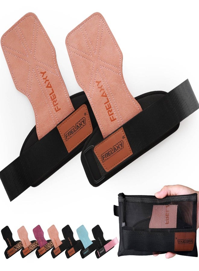 Frelaxy Lifting Wrist Straps Women and Men, Weight Lifting Grips with Cushion Wrist Loop, Double Layer Leather and Storage Pouch, Gym Workout Straps for Deadlift and Powerlifting (Pink/Black) - Image 1