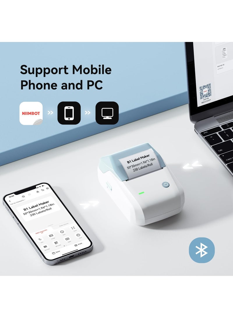 نيمبوت طابعة ملصقات بلوتوث لاسلكية B1 مع لفة واحدة 50*30 مم ملصق أبيض وكابل USB، صانع ملصقات محمول بدون حبر، مثالية للسوبرماركت والمتاجر وطباعه الباركود في المنزل - Image 2