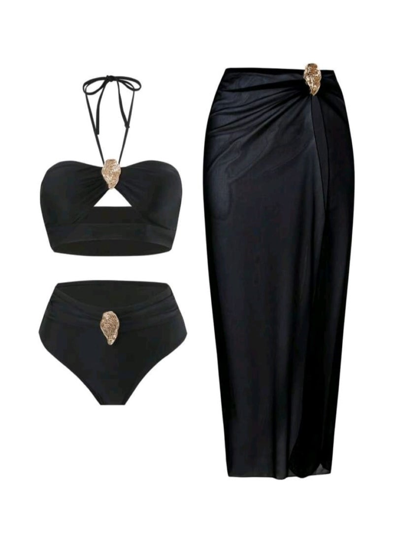 SHEIN Women's Summer Beach Vacation Solid Color Halter Metal Pendant Mesh Maxi Skirt Swimwear Set Bikini - Image 1