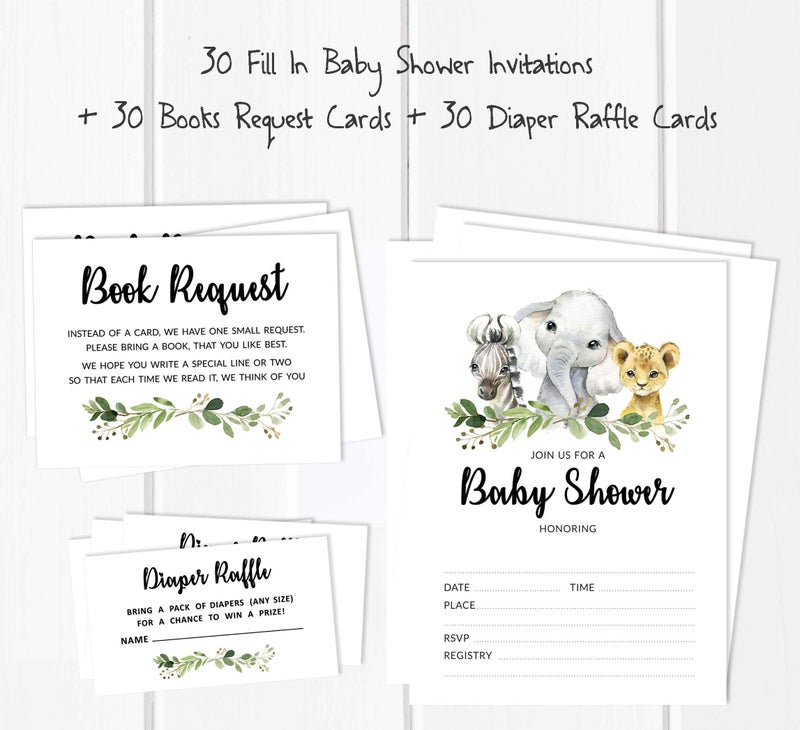 Inkdotpot Set Of 30 Safari Baby Shower Invitations-Diaper Raffle Tickets And Baby Shower Book Request Cards Jungle Animals Invites Its A Boy Its A Girl - Image 3