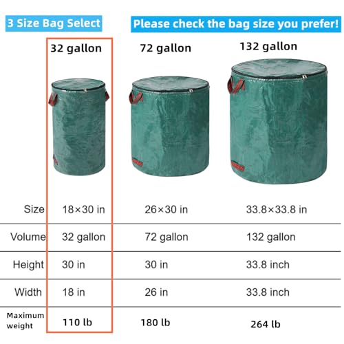 Pilntons 4 Pack 32 Gallons Reusable Yard Waste Bags with Zipper Lid Lawn Leaf Bags Heavy Duty with 4 Handles Garden Waste Bags Container for Clean Up Outdoor Debris Leaves Grass Clippings - Image 2