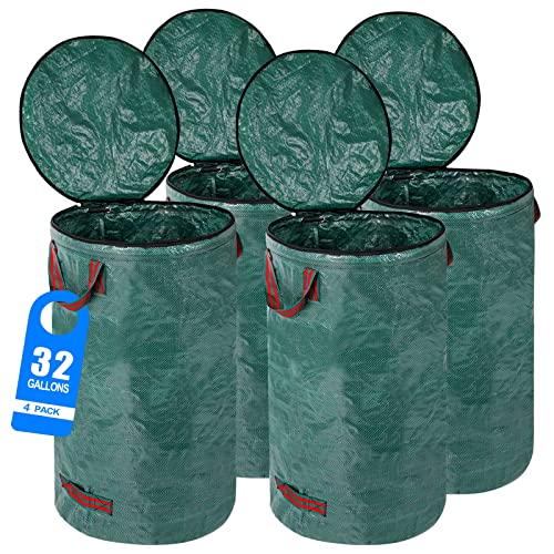 Pilntons 4 Pack 32 Gallons Reusable Yard Waste Bags with Zipper Lid Lawn Leaf Bags Heavy Duty with 4 Handles Garden Waste Bags Container for Clean Up Outdoor Debris Leaves Grass Clippings - Image 1