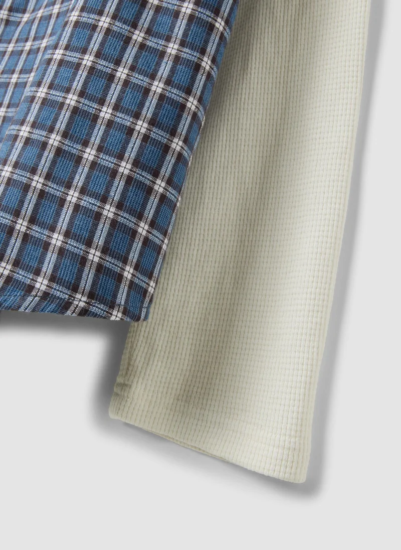 Ovs OVS Blue Cropped Pure Cotton Checked Shirt With Layered Double Sleeves, Oversized Fit