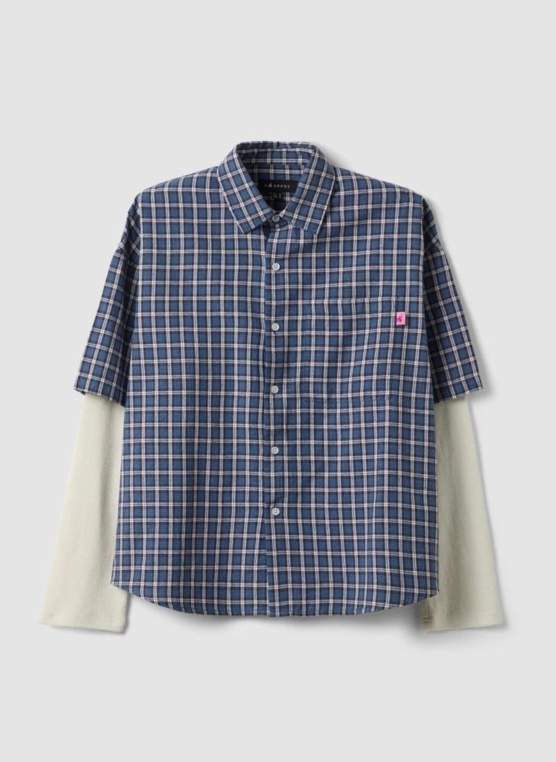 Ovs OVS Blue Cropped Pure Cotton Checked Shirt With Layered Double Sleeves, Oversized Fit