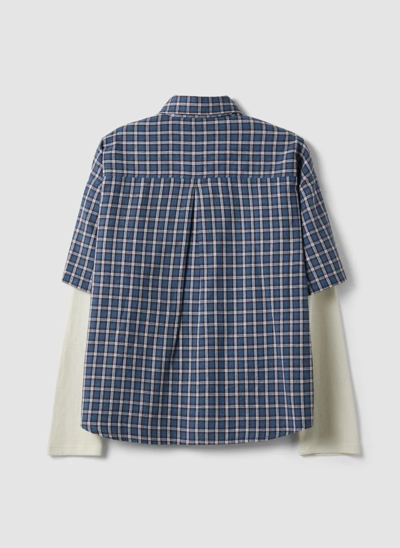 Ovs  OVS Blue Cropped Pure Cotton Checked Shirt With Layered Double Sleeves, Oversized Fit for Men | Best Price UAE