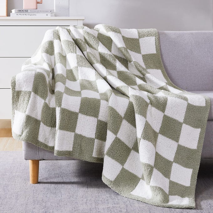 CHECKERED THROW BLANKET SAGE GREEN SOFT COZY FLUFFY WARM HAND MADE THROW BLANKETS FOR COUCH SOFA CHAIR BED CAMPING PICNIC TRAVEL LIGHTWEIGHT BED BLANKET 6080
