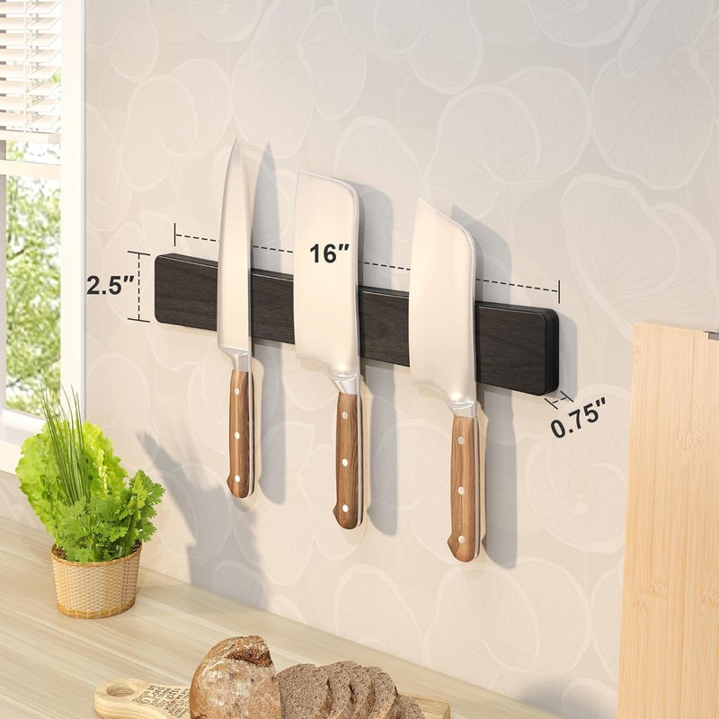 Wisuce Essentials Magnetic Knife Holder for Wall, 16" Acacia Wood No Drill Knife Magnet Strip Use as Tool Key Storage Knife Bar, Powerful Wall Mounted Magnetic Knife Rack for Refrigerator & Kitchen Utensil Organizer - Image 3