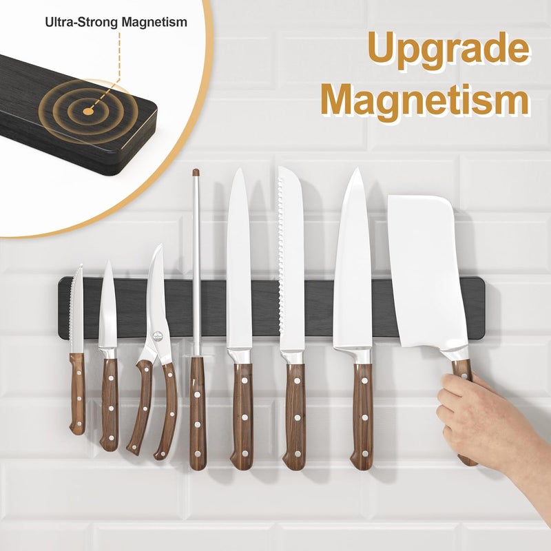 Wisuce Essentials Magnetic Knife Holder for Wall, 16" Acacia Wood No Drill Knife Magnet Strip Use as Tool Key Storage Knife Bar, Powerful Wall Mounted Magnetic Knife Rack for Refrigerator & Kitchen Utensil Organizer - Image 4