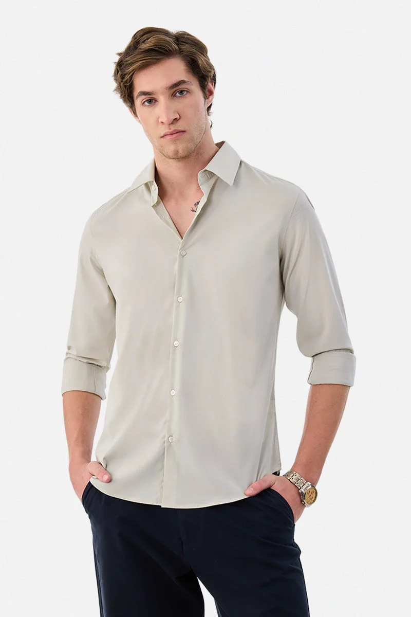 سنيتش Cream Solid Long Sleeve Slim Fit Luxe Shirt